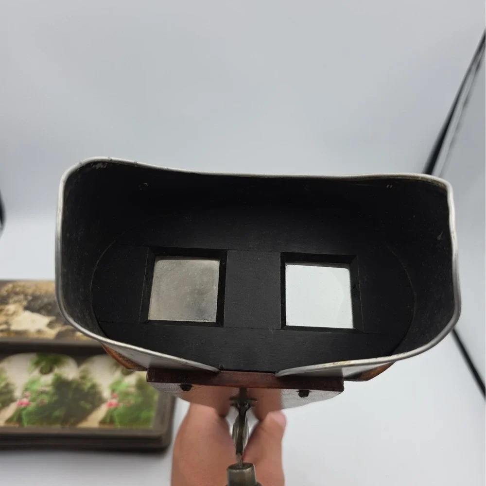 Antique Underwood Stereoscope Viewer Metal Wood and 60 Stereoview Sepia Cards